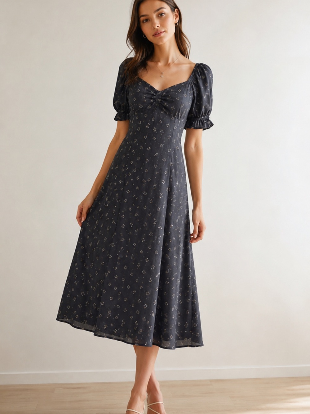 Madewell Floral Puff-Sleeve Midi Dress with Sweetheart Neckliner